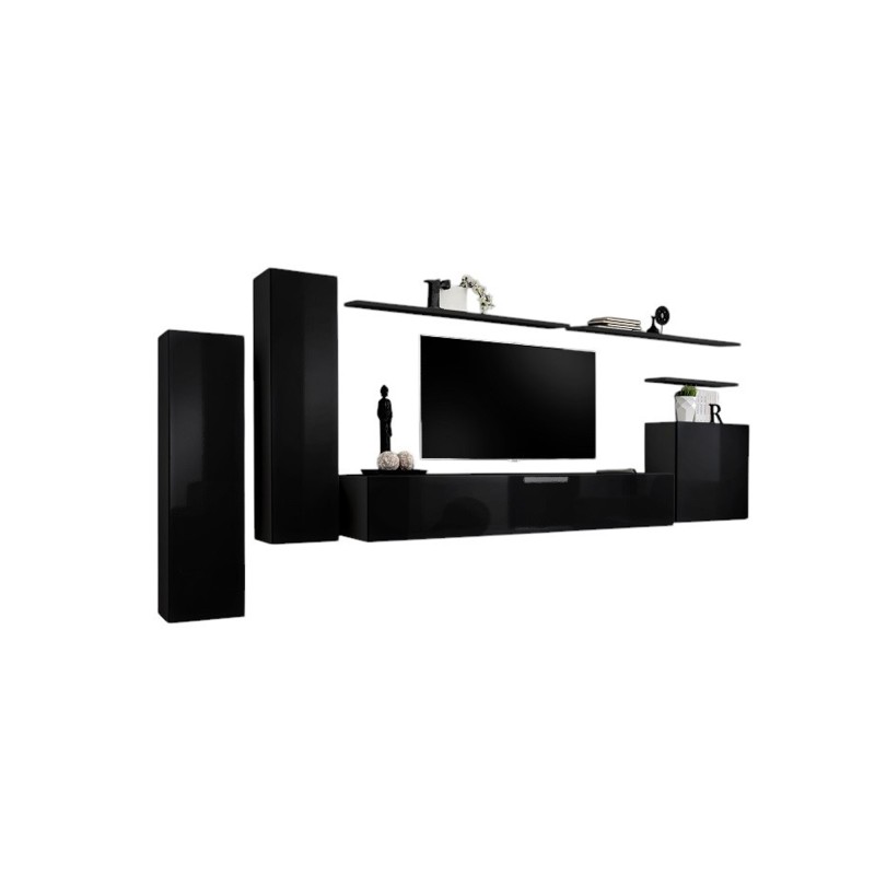 Ensemble meubles de salon SWITCH I – Design moderne – Noir brillant – Meuble TV et rangements suspendus