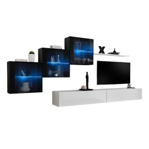 Ensemble meubles salon SWITCH XX – Blanc et noir brillant – Meuble TV et rangements suspendus design