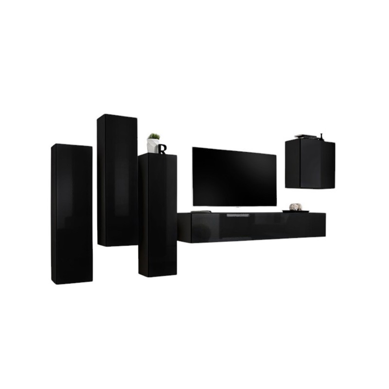 Ensemble meubles salon SWITCH III – Noir brillant – Meuble TV et rangements suspendus design