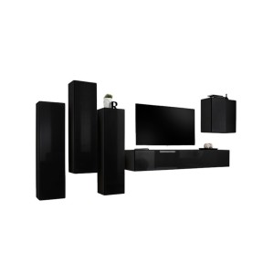 Ensemble meubles salon SWITCH III – Noir brillant – Meuble TV et rangements suspendus design