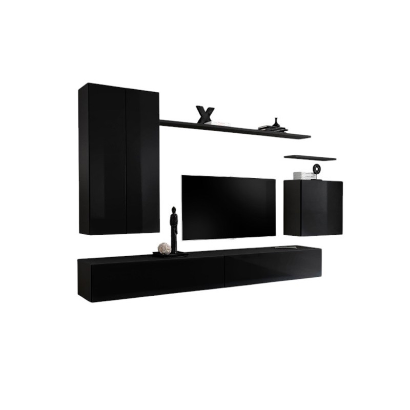 Ensemble meubles salon SWITCH II – Noir brillant – Meuble TV et rangements suspendus modernes