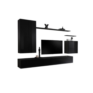 Ensemble meubles salon SWITCH II – Noir brillant – Meuble TV et rangements suspendus modernes