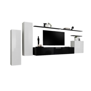Ensemble meubles salon SWITCH I – Blanc et noir brillant – Meuble TV et rangements suspendus modernes