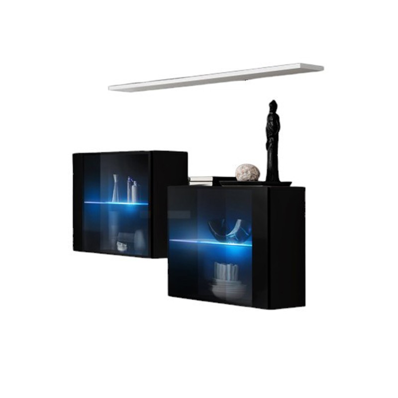 Ensemble salon SWITCH SBIII – Noir brillant, porte vitrée LED intégrée, étagère blanche – Design moderne