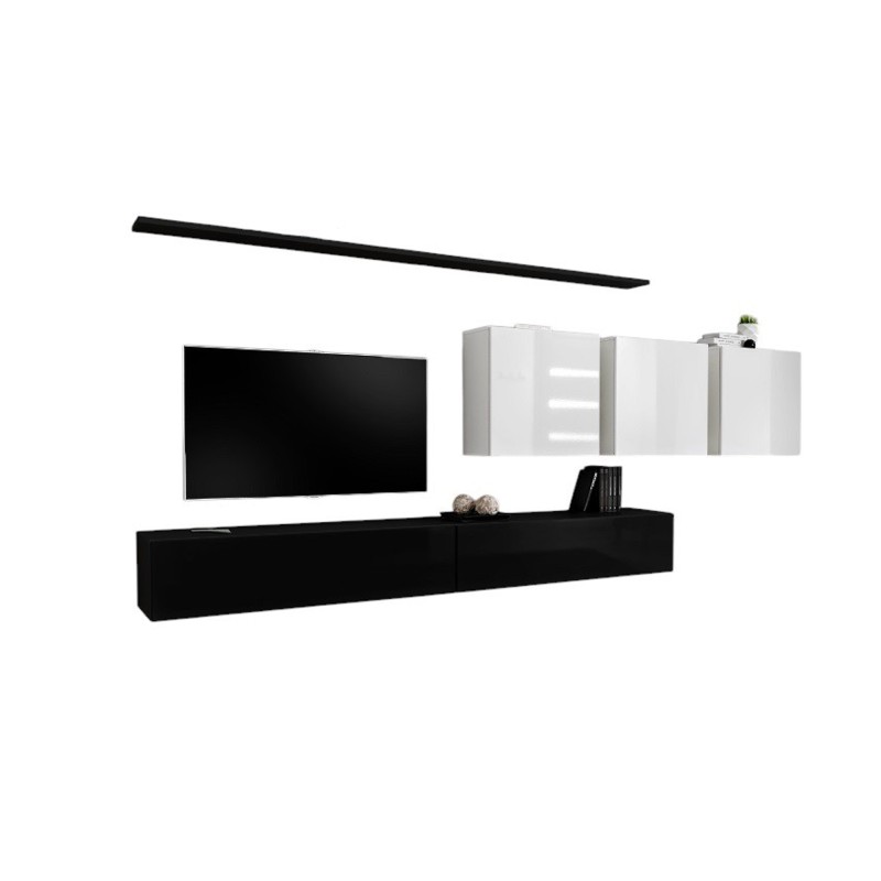 Ensemble meuble salon SWITCH VII – Noir et blanc brillant – Design suspendu et moderne