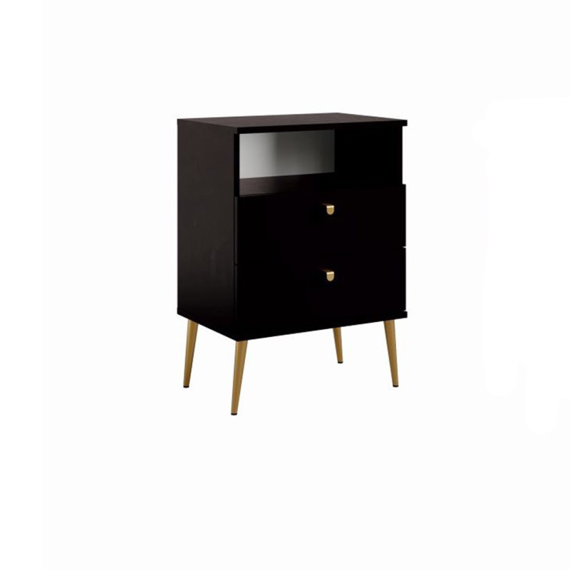 Table de chevet AURORA – 2 tiroirs + niche – Noir et pieds dorés