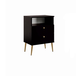 Table de chevet AURORA – 2 tiroirs + niche – Noir et pieds dorés