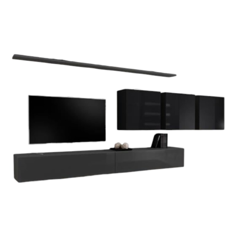Ensemble meuble salon SWITCH VII – Gris & Noir brillant – Design moderne – 340 cm