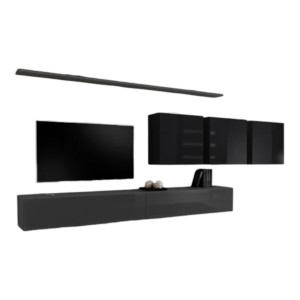 Ensemble meuble salon SWITCH VII – Gris & Noir brillant – Design moderne – 340 cm
