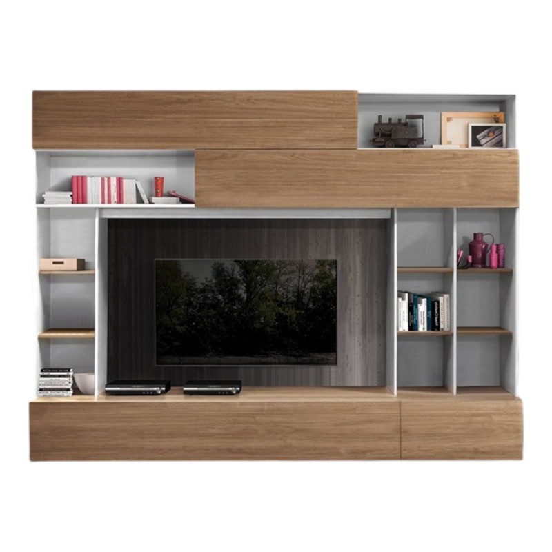 Composition murale PATIO – Chêne & blanc mat – Nombreux rangements – Style moderne pour salon