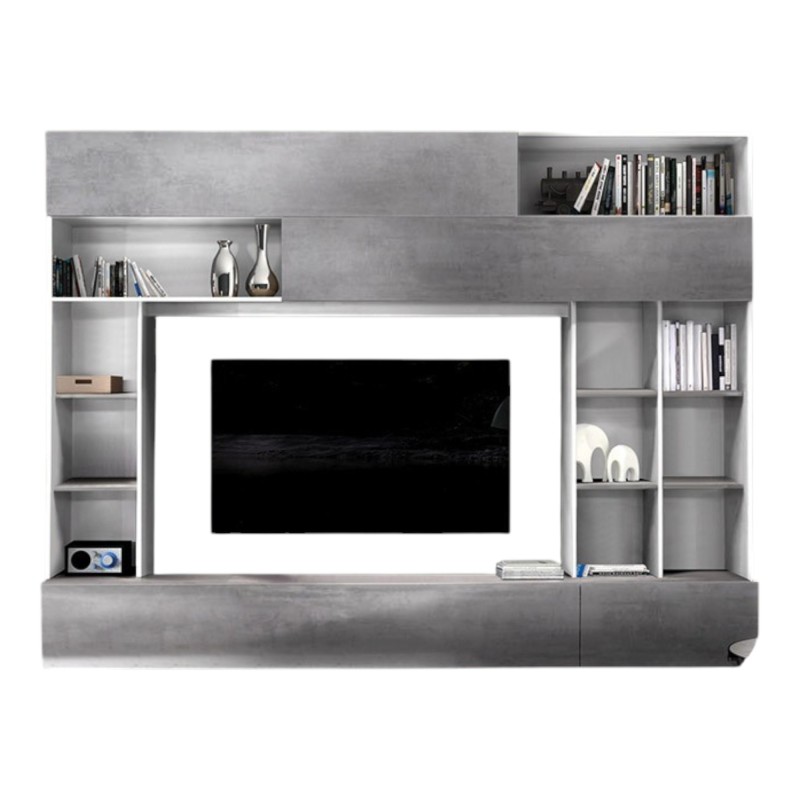 Composition murale PATIO – Gris effet béton & blanc – Nombreux rangements – Design moderne pour salon