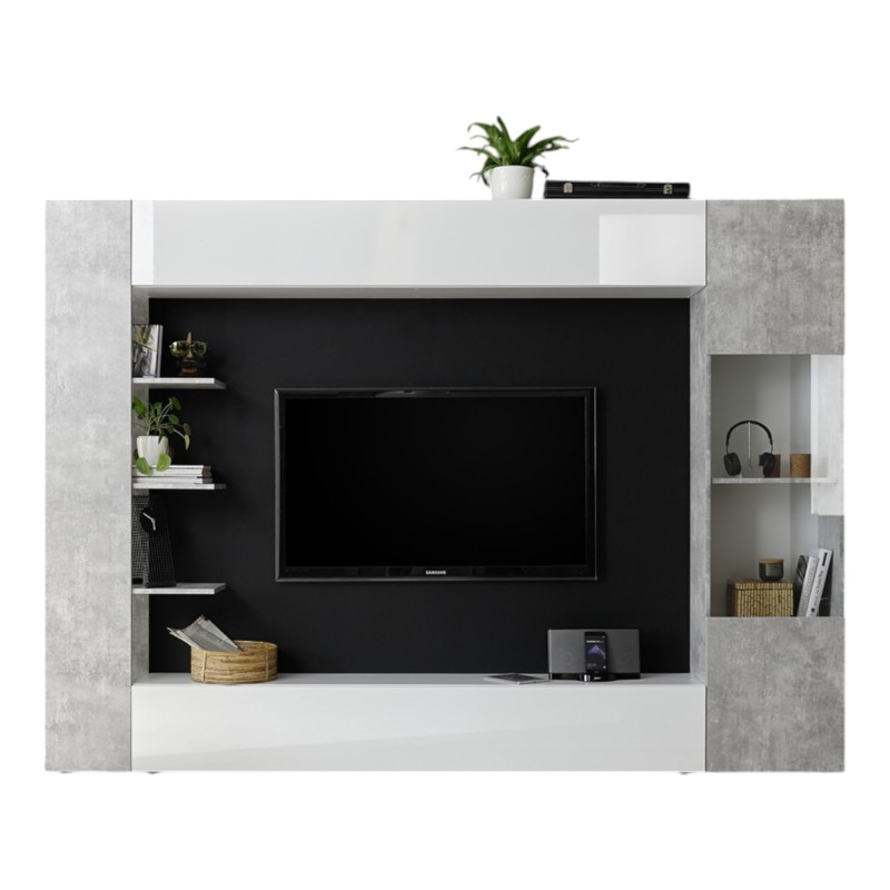 Composition murale VASCO – Blanc laqué et gris effet béton – Rangement salon moderne et design