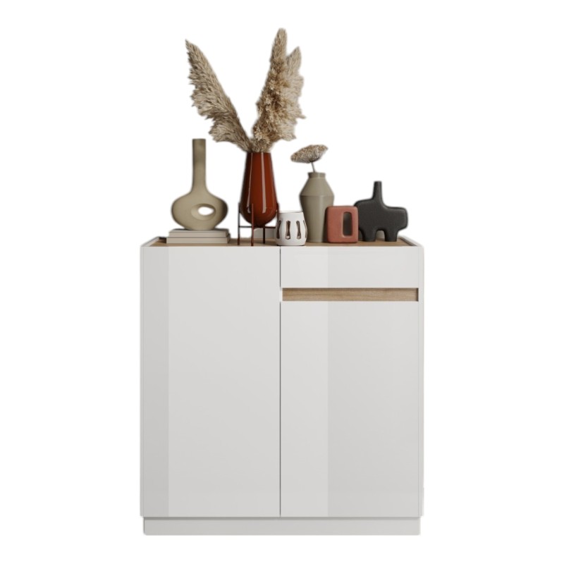 Buffet design FANZY – 2 portes 1 tiroir – Blanc laqué & chêne clair – Rangement moderne et fonctionnel