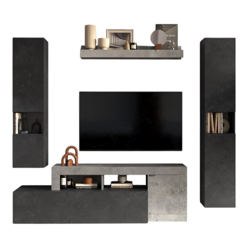 Ensemble meubles salon FREDO – Design moderne – Gris effet béton et plomb – 3 portes et tiroir