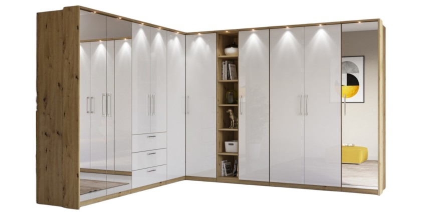 Dressing d'angle MODULO – Chêne & blanc brillant – LED & étagères inclus – Configuration personnalisable