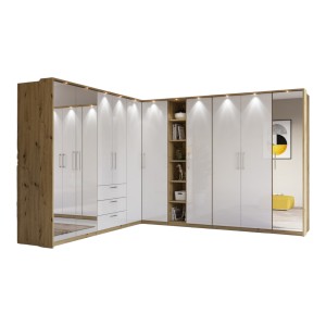 Dressing d'angle MODULO – Chêne & blanc brillant – LED & étagères inclus – Configuration personnalisable