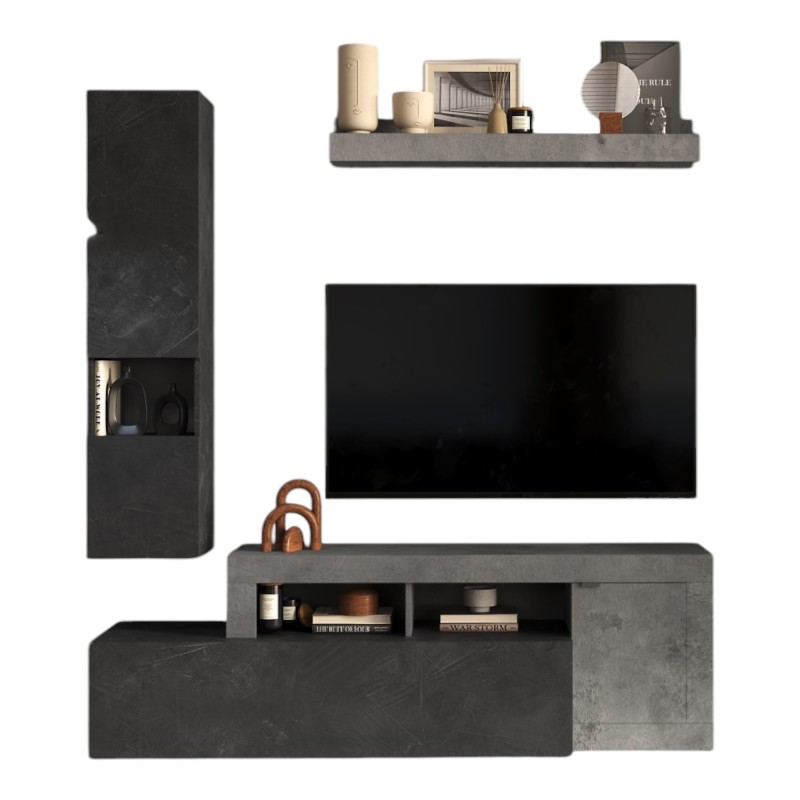 Ensemble meubles salon FREDO – Design moderne – Gris effet béton et plomb – 2 portes et tiroir