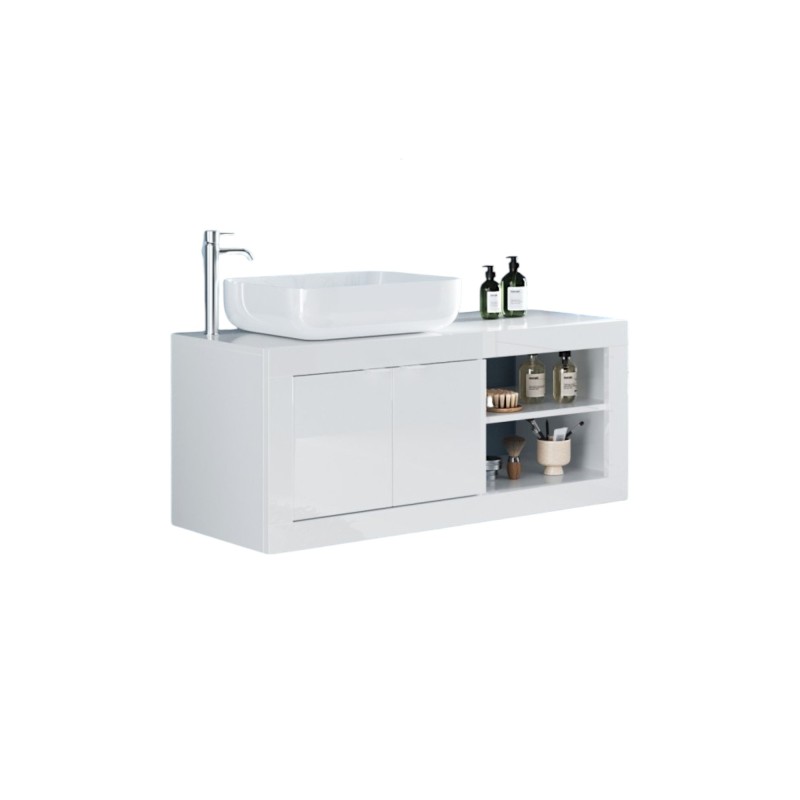 Meuble salle de bain suspendu ISORA – 1 vasque – 2 portes – 92 cm – Blanc brillant – Design moderne