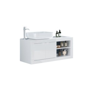 Meuble salle de bain suspendu ISORA – 1 vasque – 2 portes – 92 cm – Blanc brillant – Design moderne