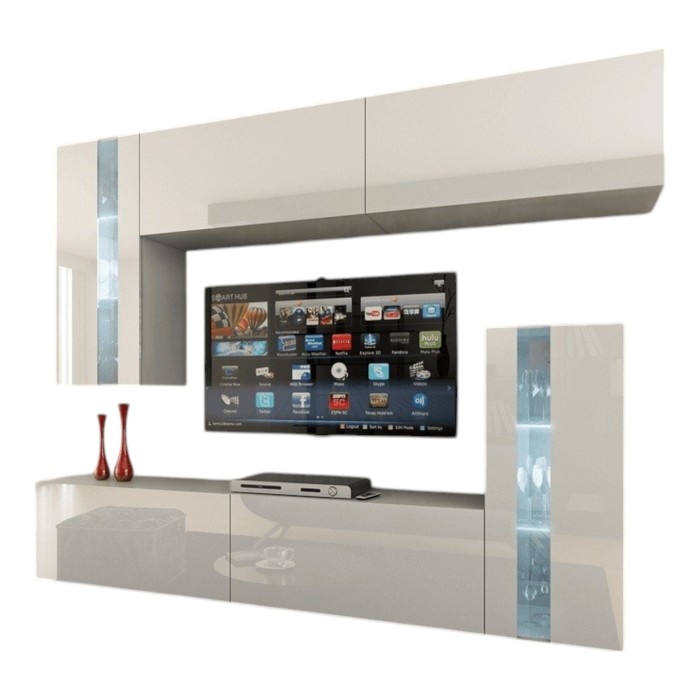 Ensemble de meubles de salon blanc, suspendus collection CEPTO XXX. 203cm, 6 meubles, leds, modulables.