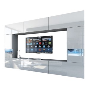 Ensemble de meubles de salon blanc, suspendus collection CEPTO XXIX. 249cm, 8 meubles, leds, modulables.