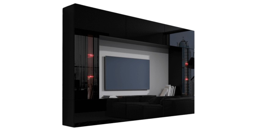 Ensemble de meubles de salon noir, suspendus collection CEPTO XXVIII. 249cm, 8 meubles, leds, modulables.