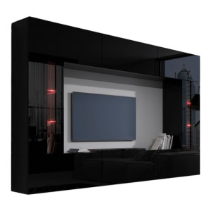 Ensemble de meubles de salon noir, suspendus collection CEPTO XXVIII. 249cm, 8 meubles, leds, modulables.