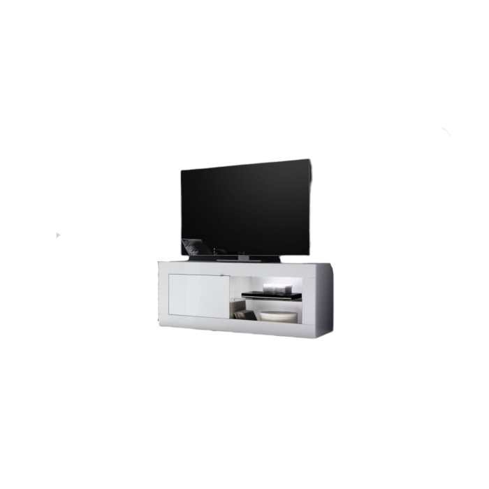 Meuble TV 1 porte ISORA – Blanc laqué brillant – Design moderne et élégant