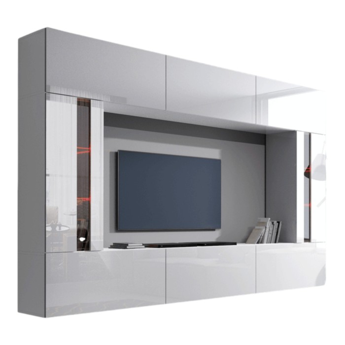 Ensemble de meubles de salon blanc, suspendus collection CEPTO XXVIII. 249cm, 8 meubles, leds, modulables.