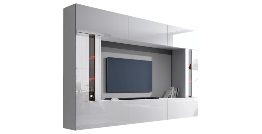 Ensemble de meubles de salon blanc, suspendus collection CEPTO XXVIII. 249cm, 8 meubles, leds, modulables.
