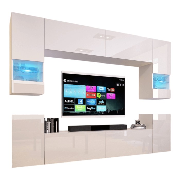 Ensemble de meubles de salon blanc, suspendus collection CEPTO XXVII. 240cm, 8 meubles, leds, modulables.