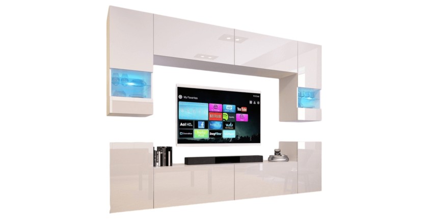 Ensemble de meubles de salon blanc, suspendus collection CEPTO XXVII. 240cm, 8 meubles, leds, modulables.