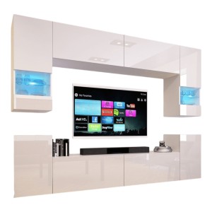 Ensemble de meubles de salon blanc, suspendus collection CEPTO XXVII. 240cm, 8 meubles, leds, modulables.