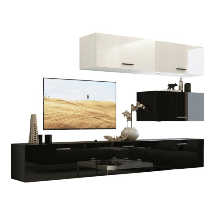 Ensemble meubles de salon haut blanc et bas noir suspendus collection CEPTO XXV 249 cm, 6 meubles, LEDs, modulables