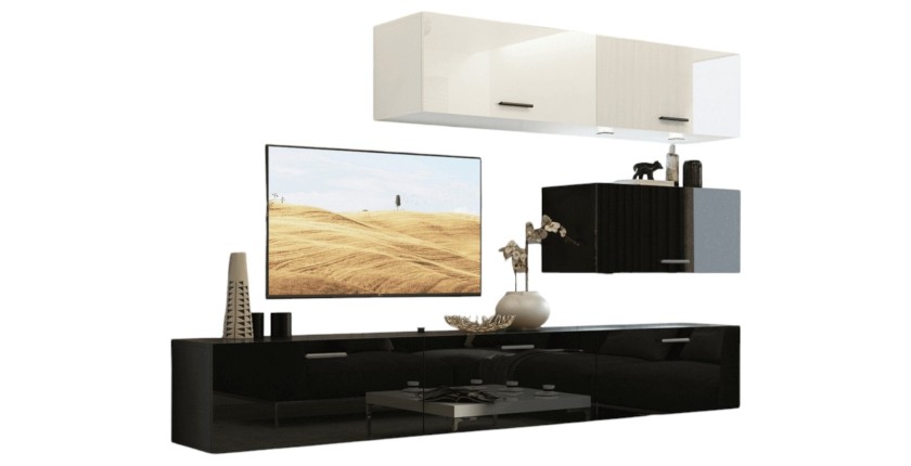 Ensemble meubles de salon haut blanc et bas noir suspendus collection CEPTO XXV 249 cm, 6 meubles, LEDs, modulables