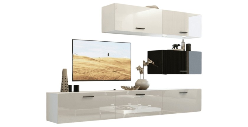 Ensemble de meubles de salon blanc et noir, suspendus collection CEPTO XXV. 249cm, 6 meubles, leds, modulables.