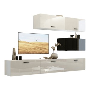 Ensemble de meubles de salon blanc et noir, suspendus collection CEPTO XXV. 249cm, 6 meubles, leds, modulables.