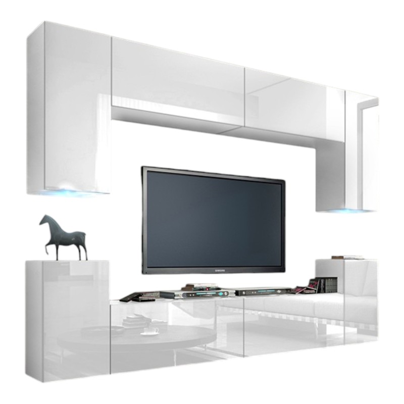 Ensemble de meubles de salon blanc suspendus collection CEPTO I 256cm, 8 portes, 6 étagères, leds, modulables.