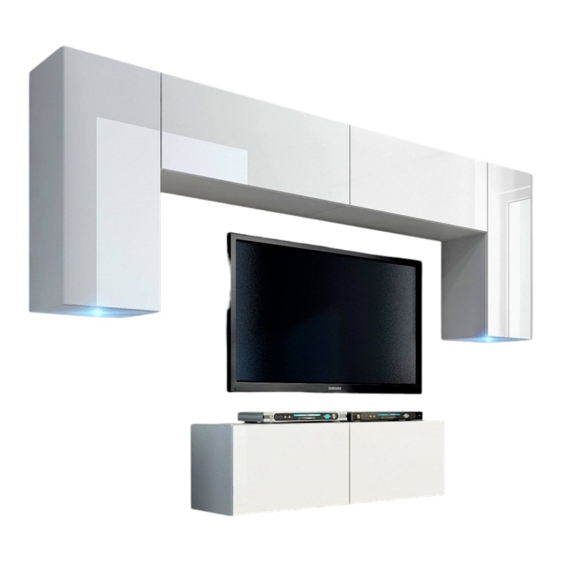 Ensemble de meubles de salon blanc suspendus collection CEPTO II 256cm, 6 portes, 4 étagères, leds, modulables.
