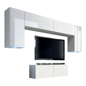 Ensemble de meubles de salon blanc suspendus collection CEPTO II 256cm, 6 portes, 4 étagères, leds, modulables.