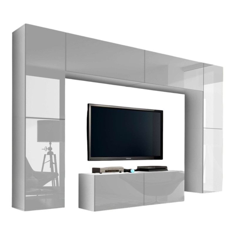 Ensemble de meubles de salon blanc suspendus collection CEPTO III 256cm, 8 portes, 8 étagères, leds, modulables.