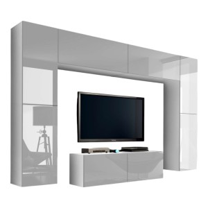 Ensemble de meubles de salon blanc suspendus collection CEPTO III 256cm, 8 portes, 8 étagères, leds, modulables.