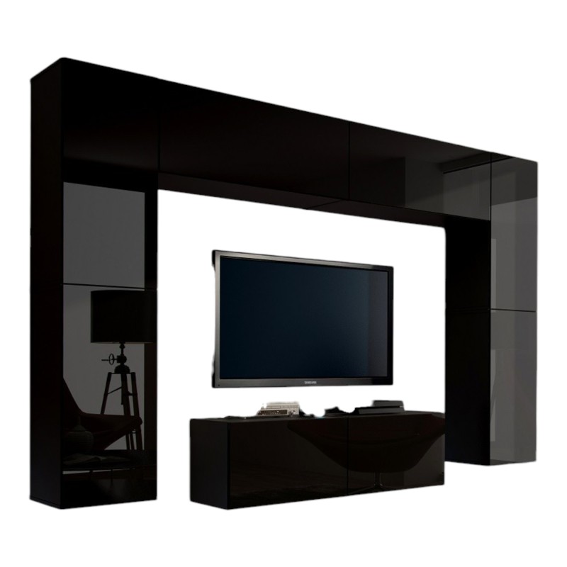 Ensemble de meubles de salon noir suspendus collection CEPTO III 256cm, 8 portes, 8 étagères, leds, modulables.