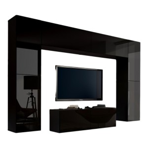 Ensemble de meubles de salon noir suspendus collection CEPTO III 256cm, 8 portes, 8 étagères, leds, modulables.