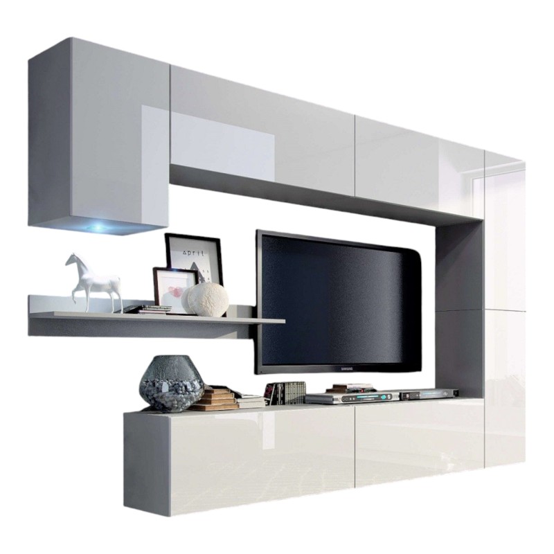 Ensemble meubles de salon blanc suspendus collection CEPTO VI 256 cm, 7 portes, 6 étagéres, LEDs, modulables