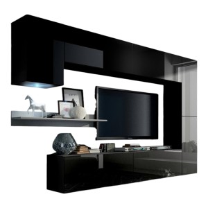 Ensemble de meubles de salon noir suspendus collection CEPTO VI 256cm, 7 portes, étagère murale blanche, leds, modulables.