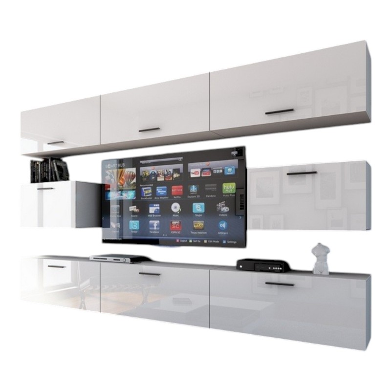 Ensemble de meubles de salon blanc suspendus collection CEPTO VII 249cm, 8 portes, modulables.