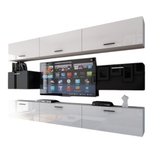 Ensemble de meubles de salon blanc et noir suspendus collection CEPTO VII 249cm, 8 portes, modulables.