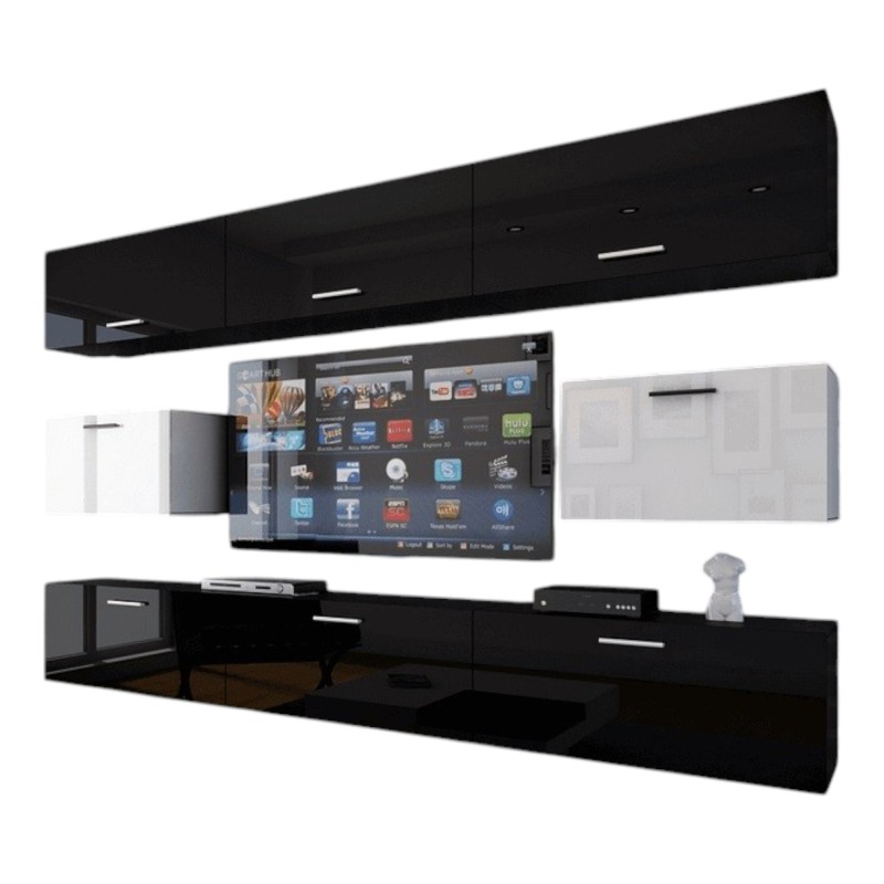 Ensemble de meubles de salon noir et blanc suspendus collection CEPTO VII 249cm, 8 portes, modulables.