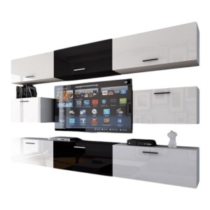 Ensemble de meubles de salon blanc et noir suspendus collection CEPTO VII 249cm, 8 portes, modulables. Milieu coloris noir